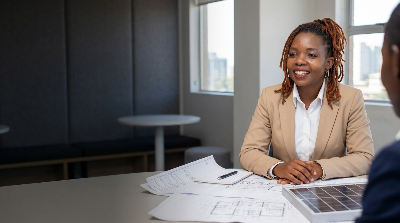 Ngonidzashe Chinyange discussing construction and solar requirements with a client