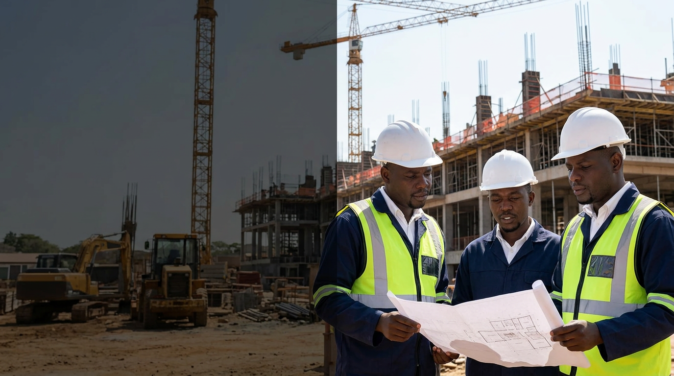 Tanaka Machani reviewing plans with engineers at a construction project