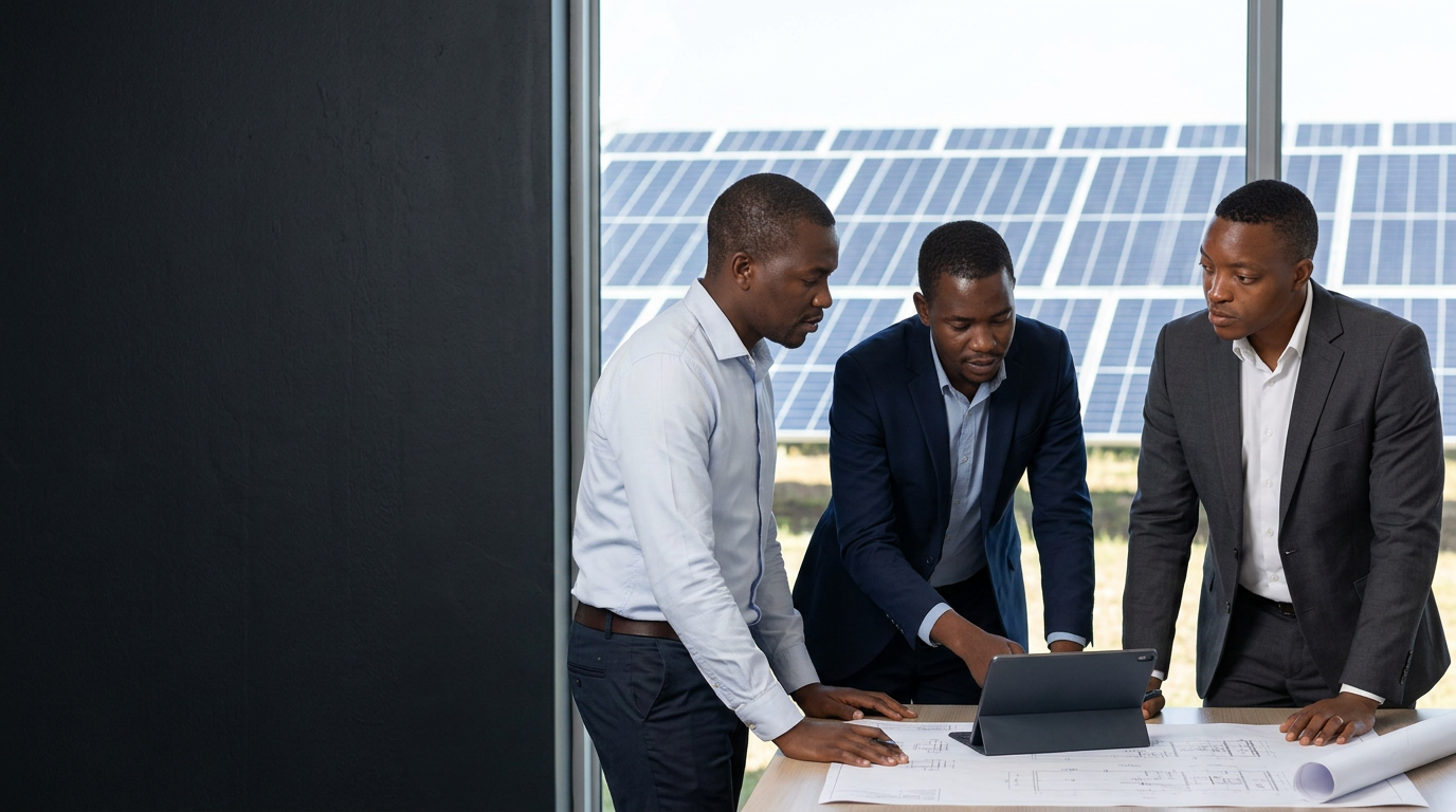 Stanley Matiya reviewing renewable energy plans with technical professionals